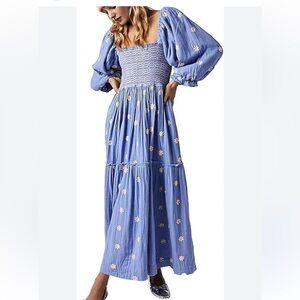 Boho womans Blue Floral Smocked embroidered Maxi Dress size M